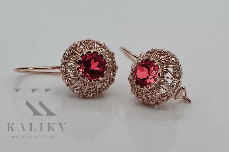 Cercei cu rubin în aur roz de 14k 585, vintage autentic, stil rusesc sovietic vec002