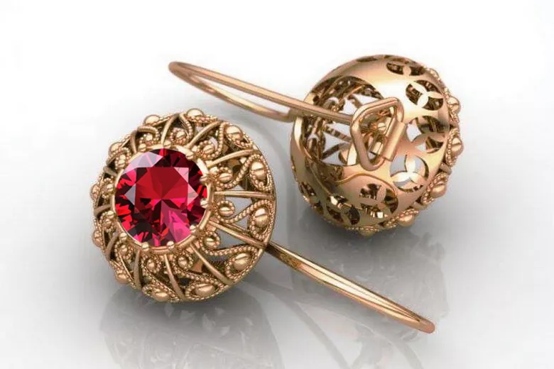 Rubis vintage élégant avec boucles d'oreilles en or rose 14 carats vec002, style soviétique russe style