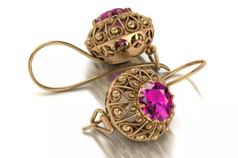 Vintage Charm 14K Rose Gold Amethyst Earrings, Russian Soviet Design vec002