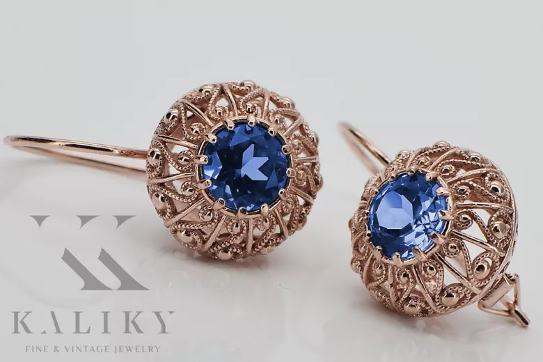 Classic Vintage-Style 14K Rose Gold Sapphire Earrings - Russian Soviet Collection vec002