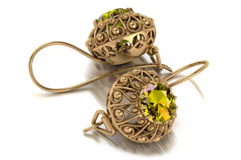 "Original Vintage 14K Rose Gold Earrings with Yellow Peridot Stones - Russian Soviet Style vec002" style