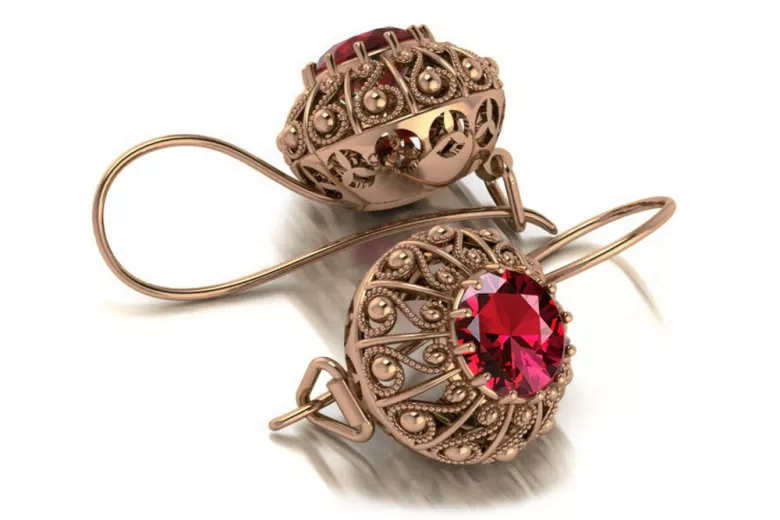 Cercei cu rubin în aur roz de 14k 585, vintage autentic, stil rusesc sovietic vec002