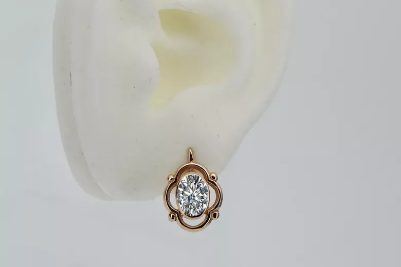 Zircon-Embellished 14K Rose Gold Earrings - Original Vintage Russian Soviet vec033