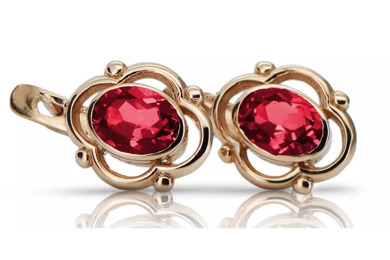 Élégantes boucles d'oreilles vintage en or rose 14 carats et rubis vec033 de Russie soviétique style