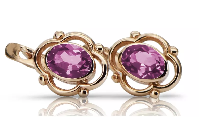 Améthyste et or rose 14 carats vintage d'origin, Boucles d'oreilles de style russe vec033. style