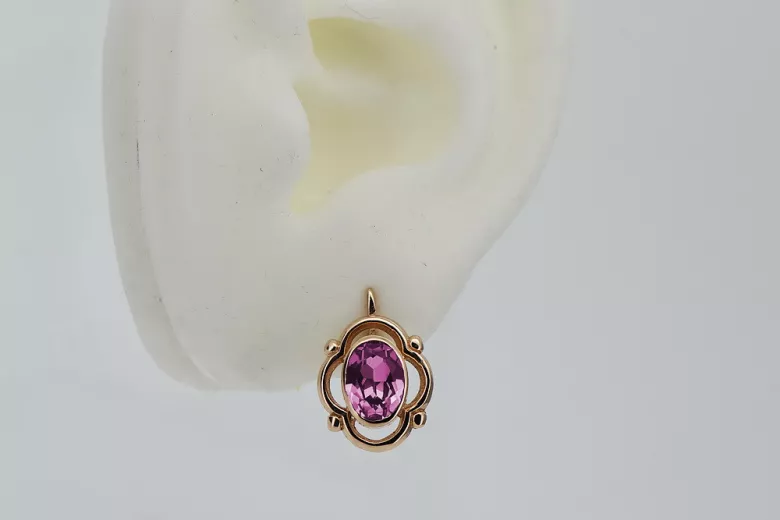 Vintage 14K Rose Pink Gold Earrings with Amethyst Accents, Russian Soviet Style vec033