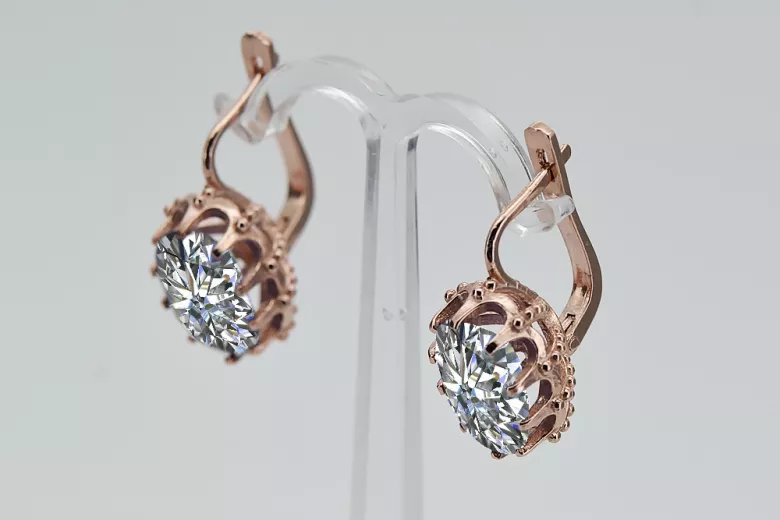 Zircon élégant et or rose 14 carats d'origine vintage pour boucles d'oreilles vec079. Vintage