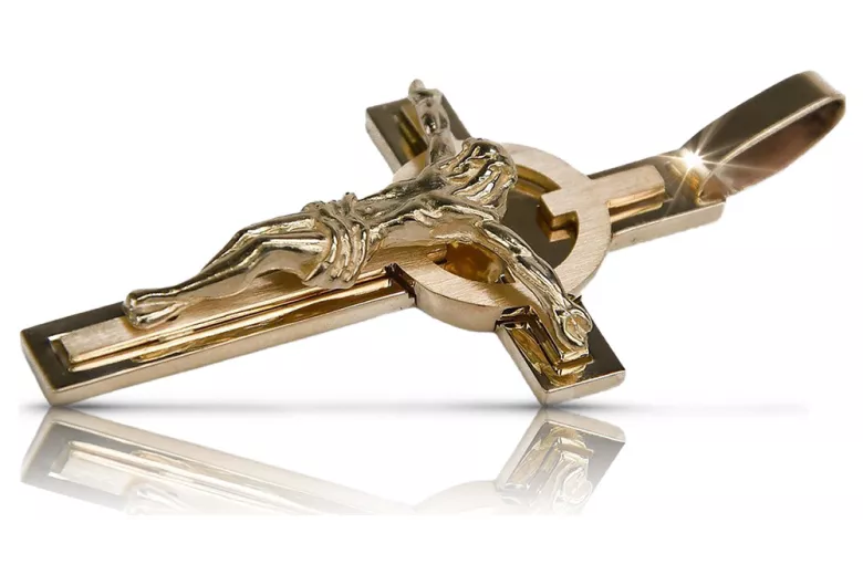 "Antyczny katolicki krzyż Jezusa z czerwonego złota 14k z różą" ctc010r
