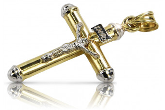 "Crucifix Catolic din Aur Alb Galben 14k, Stil Italian Vintage cu Nuanțe Roz"  ctc015yw