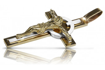 "Luxurious 14K Yellow White Gold Italian Rose Catholic Cross Pendant" ctc089yw