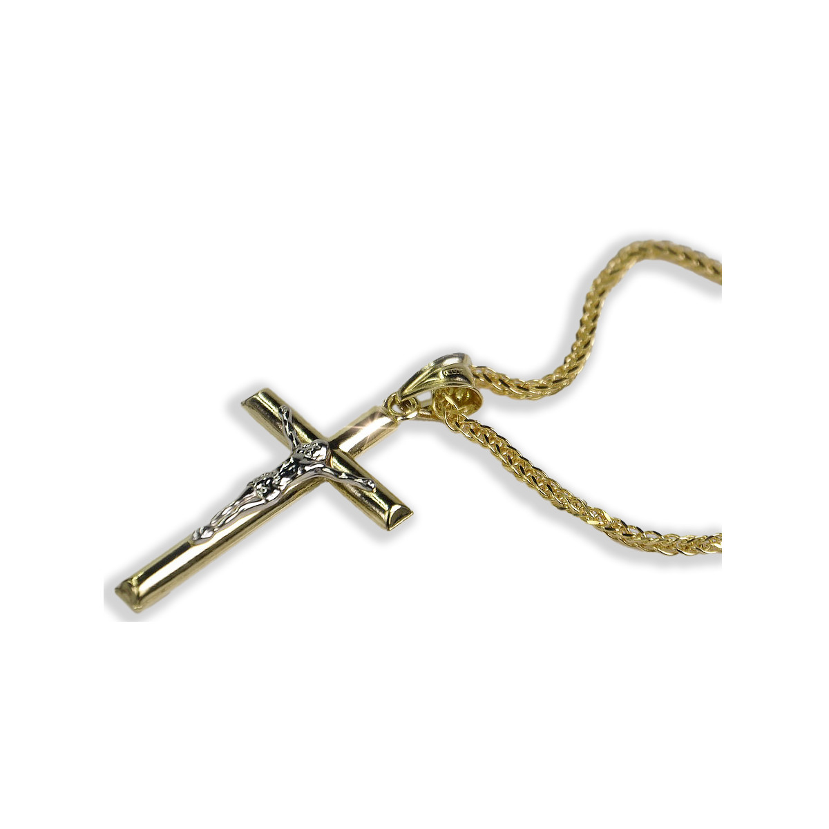 Италиански жълт 14k златен католически кръст & Spiga верига