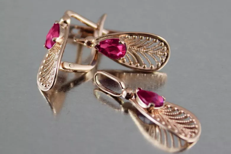 Rubin original în cercei vintage din aur roz de 14k, model vec067 Vintage