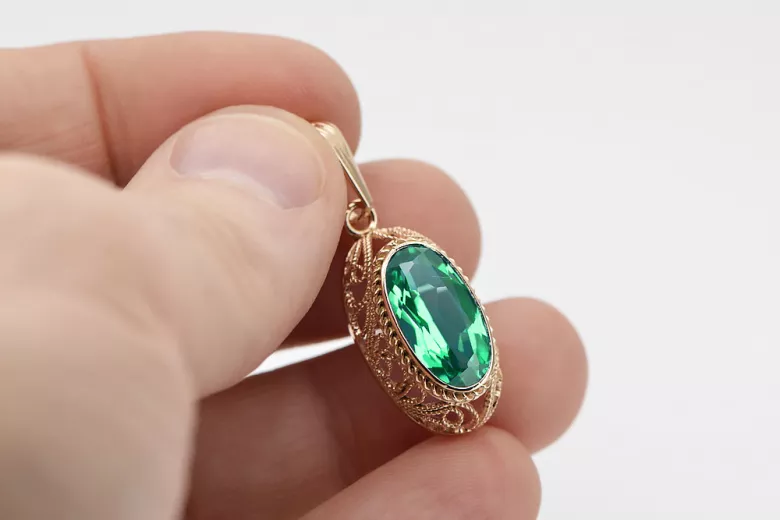 "Original Vintage Emerald Pendant in 14K Rose Gold 585 - vpc014" Vintage