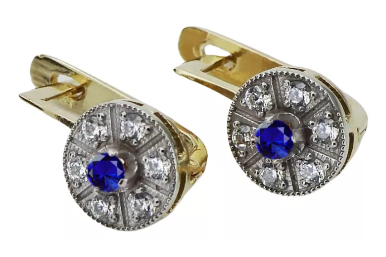 Classic 14K Yellow White Gold Sapphire Earrings in Vintage Style vec161yw