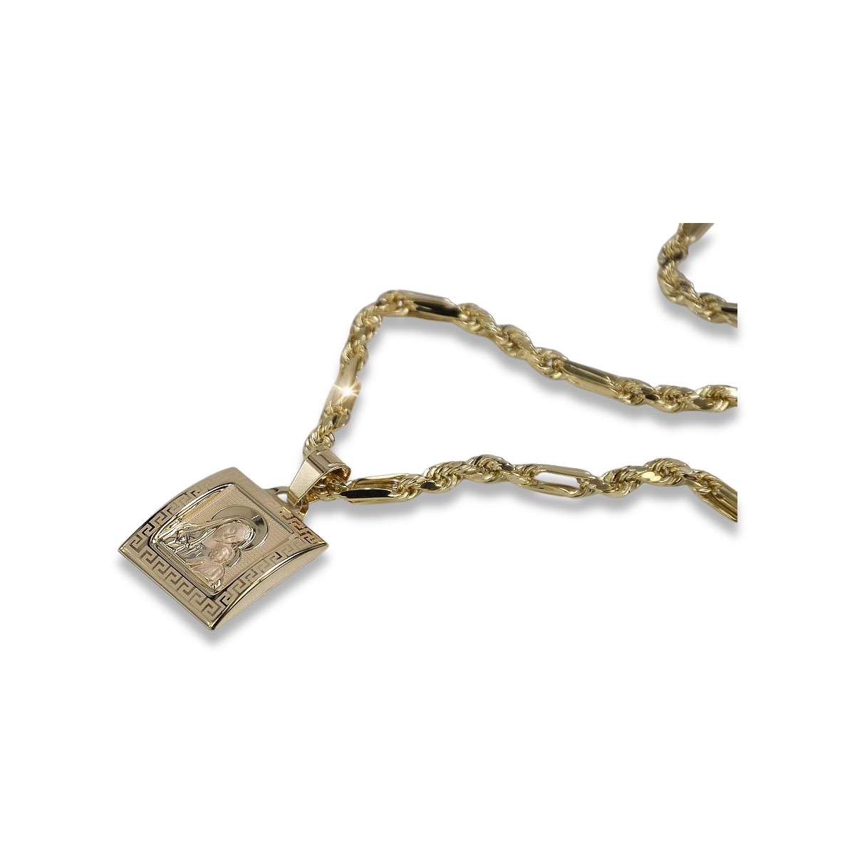 Złoty medalik Bozia 14k 585 z łańcuszkiem Corda Figaro pm001yM&cc004y50