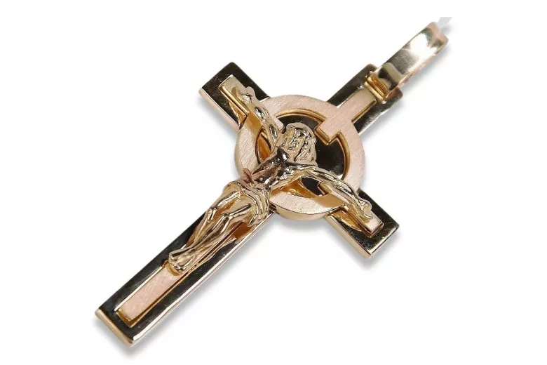 Ekskluzywny włoski krzyż Jezusa z 14k czerwonego złota w kolorze vintage różowym ctc096r