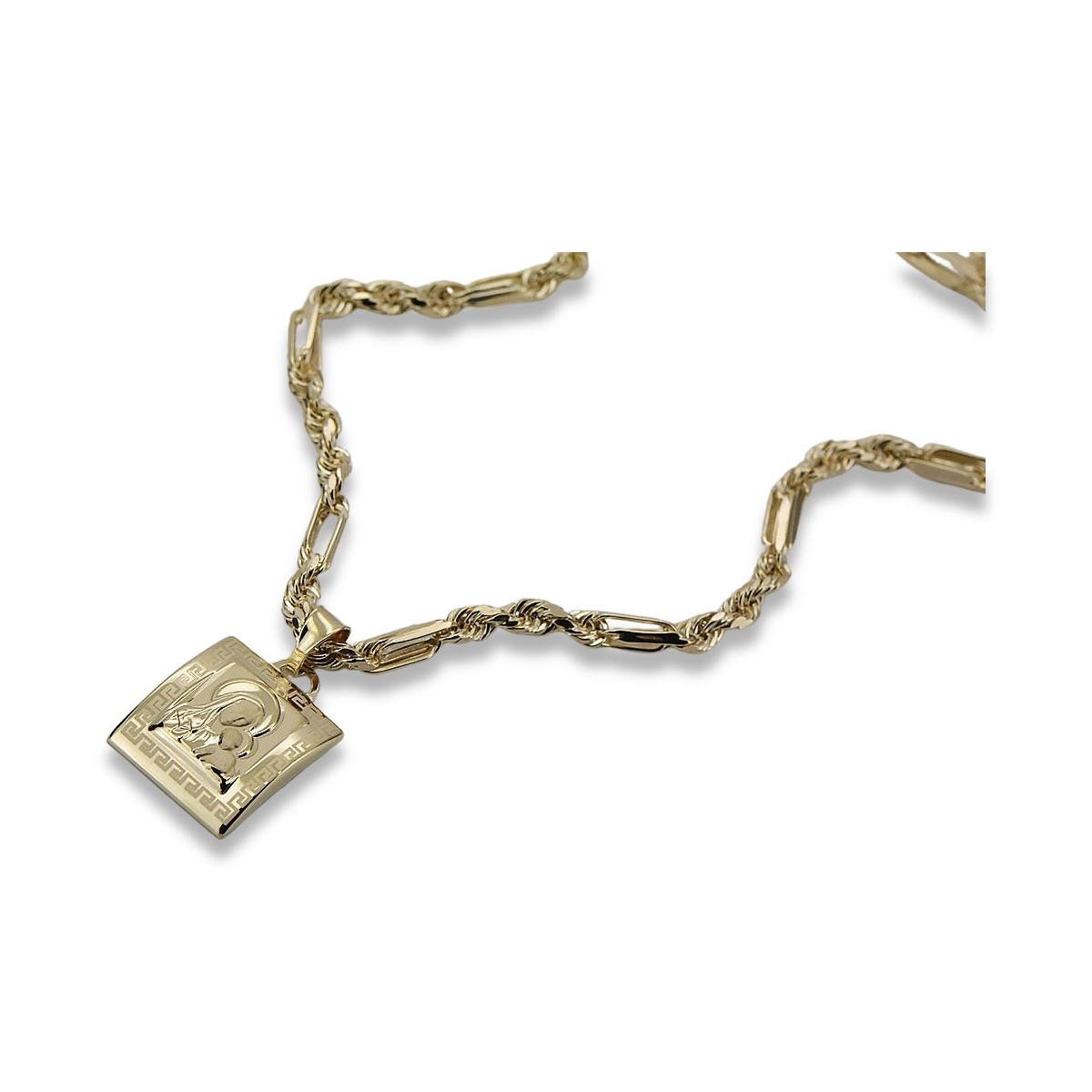 copie medalion de aur Bozia 14k 585 cu lanț Corda Figaro pm004yM&cc004y45