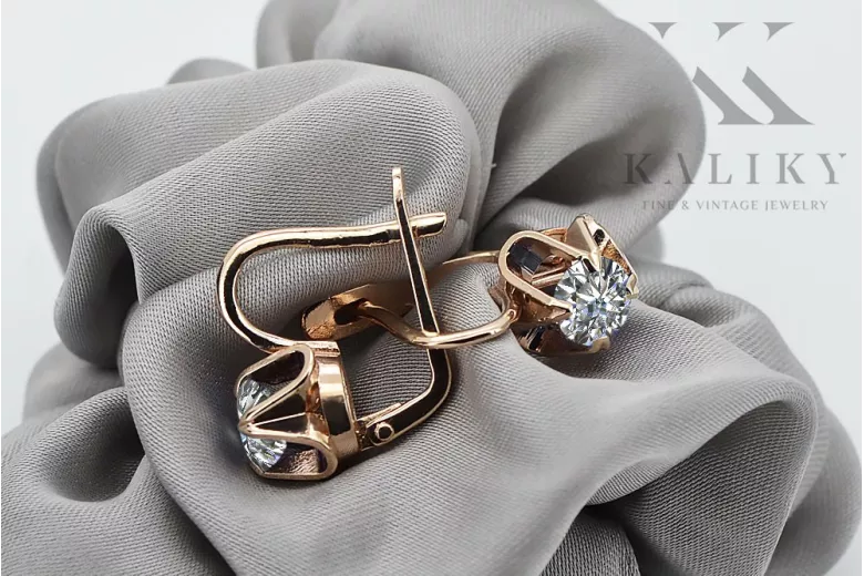 Original 14K Rose Gold Vintage Zircon Earrings, Inspired by Russian Soviet Design vec018