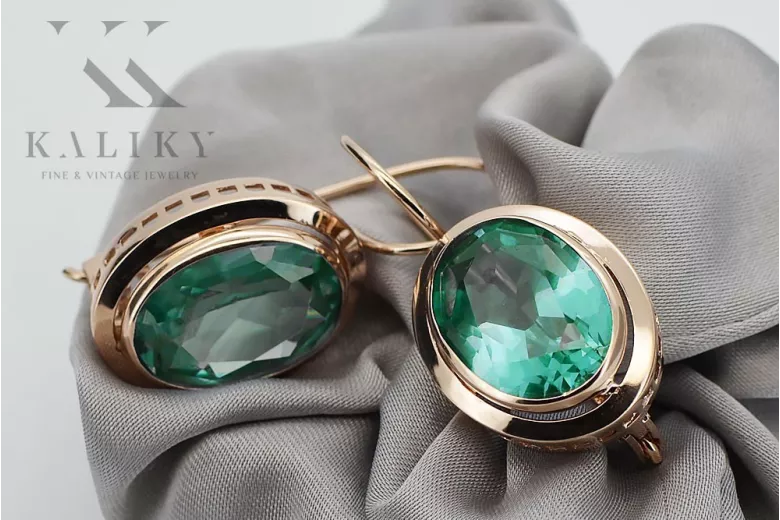 "Antique 14K 585 Rose Gold Earrings with Emerald Accents" vec114
