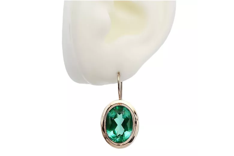 "Antique 14K 585 Rose Gold Earrings with Emerald Accents" vec114