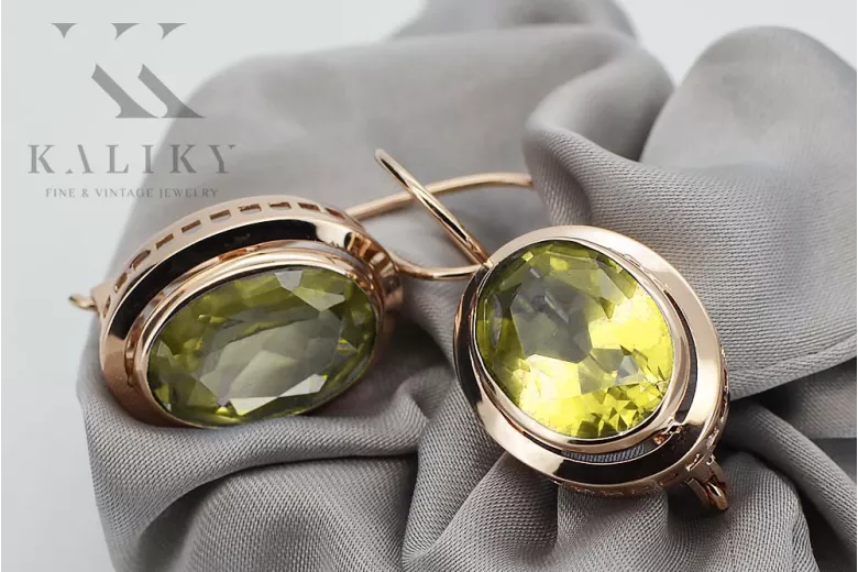 "Vintage 14K 585 Rose Gold Earrings Adorned with Yellow Peridot" vec114