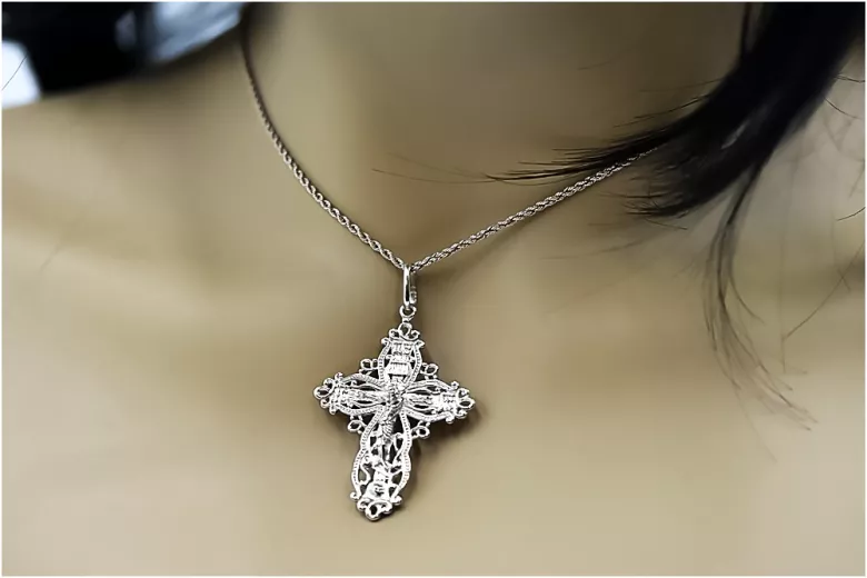 Majestuosa Cruz Ortodoxa en Oro Blanco 14k Sin Piedra oc012w