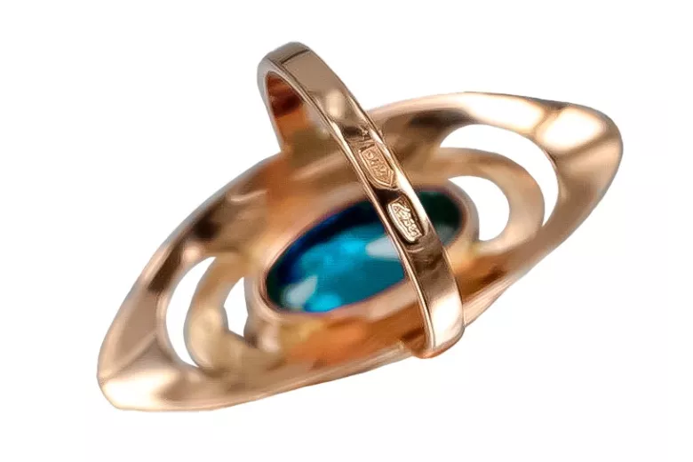 Златен руски пръстен от розово злато 925 позлатено сребро с аквамарин vrc189rp Vintage