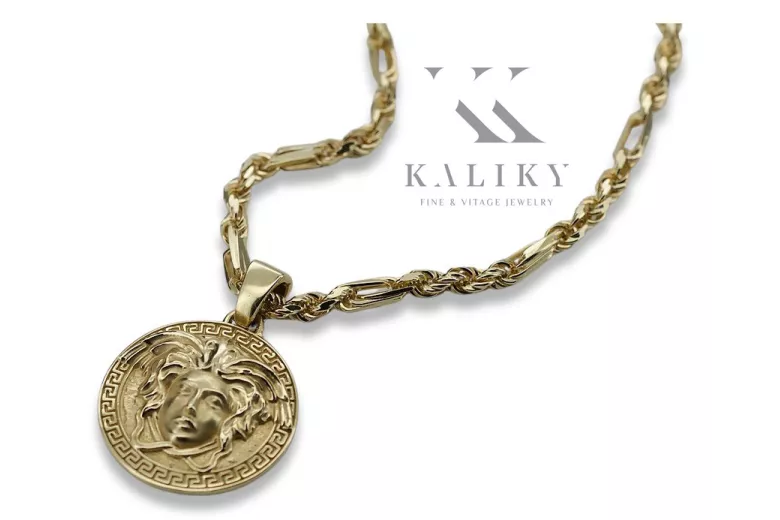 Medallón de oro Versace 14k 585 Greek Way Jellyfish con cadena Corda Figaro cpn049y20&cc004y45