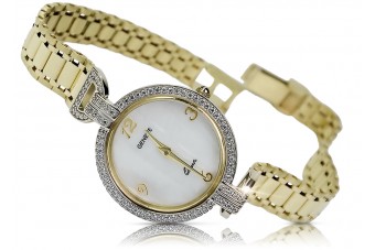 Prześliczny 14k złoty damski zegarek Geneve z perłową tarczą lw004ydpr