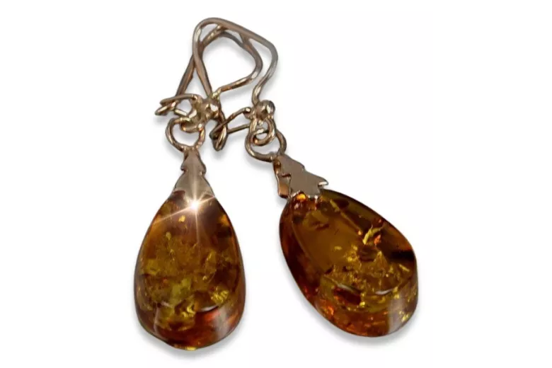 Boucles d’oreilles argentées soviétiques rose plaqué or 925 ambre veab002