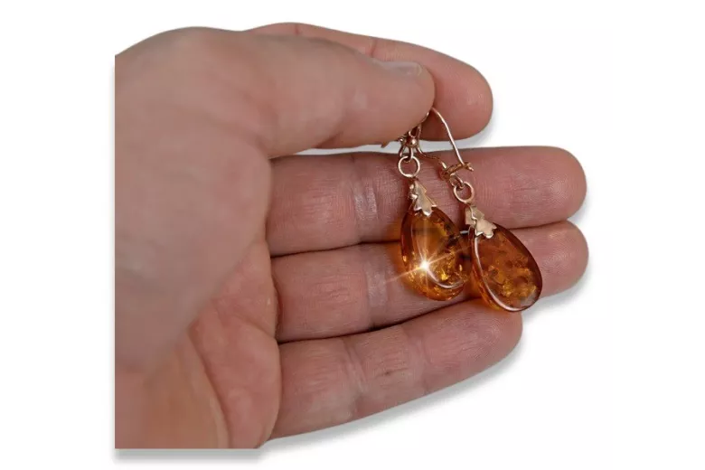 Boucles d’oreilles argentées soviétiques rose plaqué or 925 ambre veab002