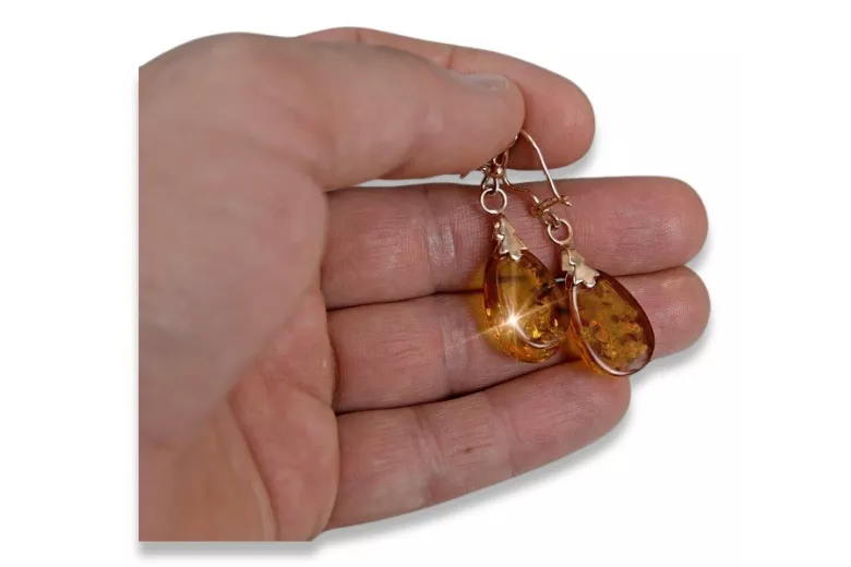 Boucles d’oreilles argentées soviétiques rose plaqué or 925 ambre veab002