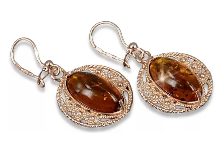 Russian Soviet silver rose gold plated 925 Amber earrings veab011