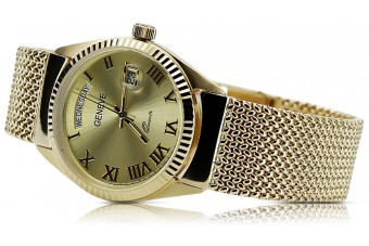 Жълт 14k 585 златен мъжки унисекс часовник с бял циферблат Geneve mw013ydg&mbw014yo