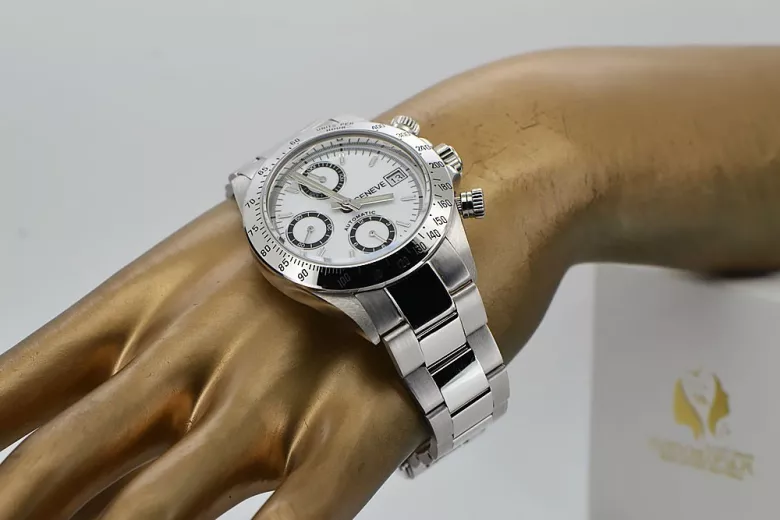 Італійський білий 14k 585 суцільний золотий чоловічий годинник Geneve в стилі Rolex mw041w