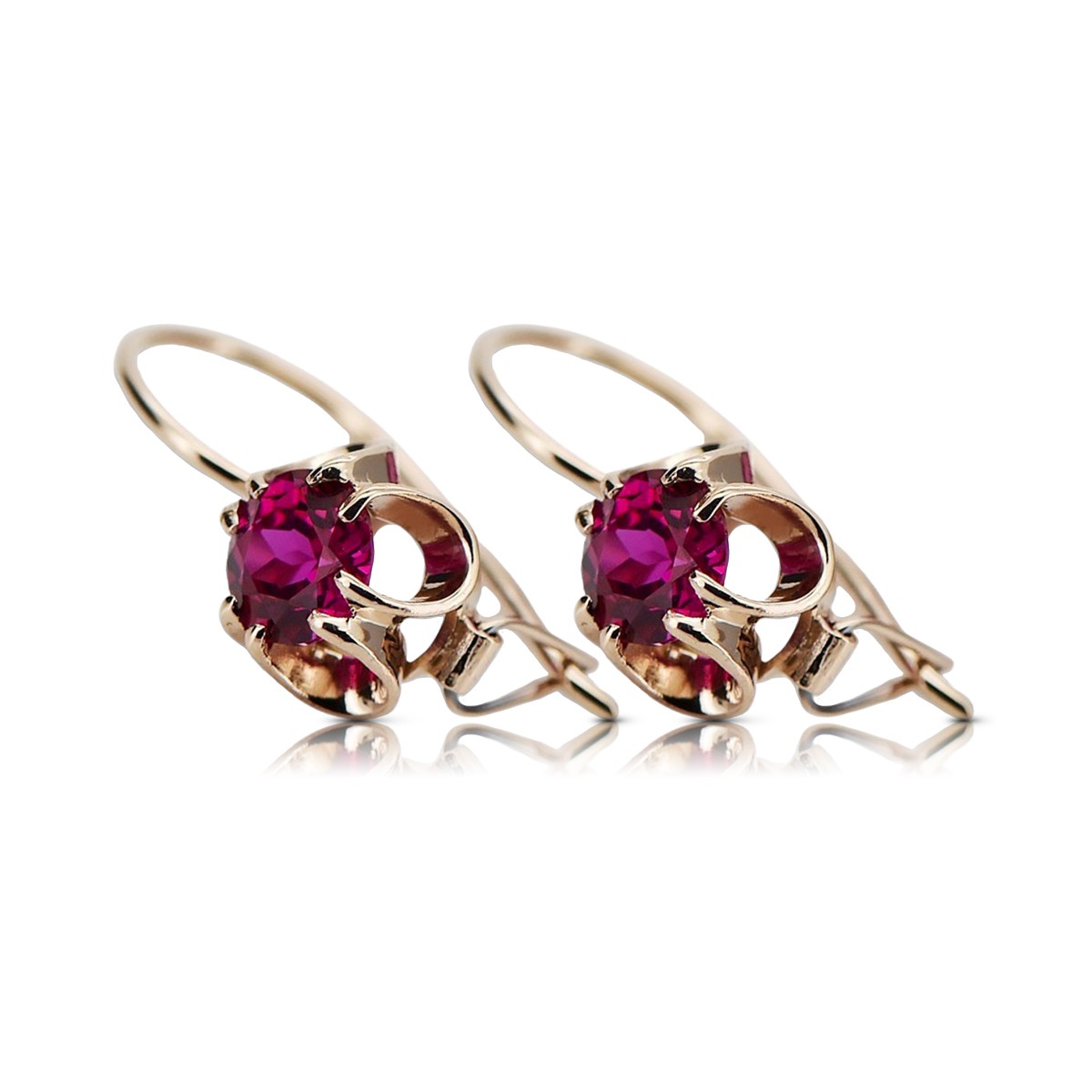 Élégantes boucles d'oreilles vintage en or rose 14 carats et rubis, inspirées de la Russie soviétique vec035  style