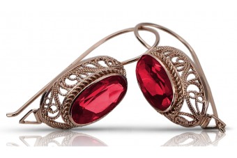 "Original Vintage Ruby Earrings in 14K Rose Gold, Russian Soviet VEC023 Design" style