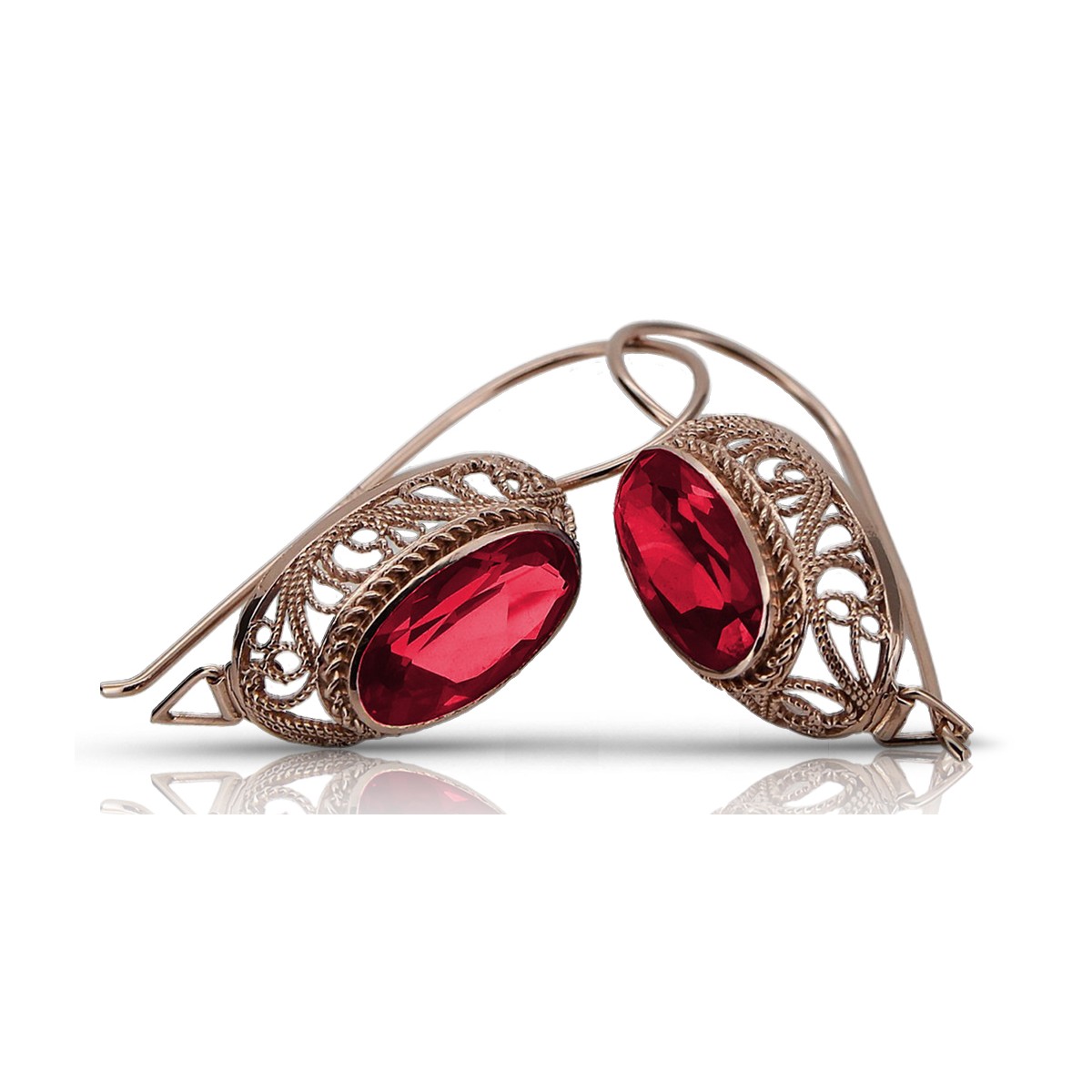 "Original Vintage Ruby Earrings in 14K Rose Gold, Russian Soviet VEC023 Design" style