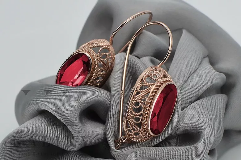 "Rubin autentic în cercei din aur roz de 14k, vec023 Design rusesc vintage" style