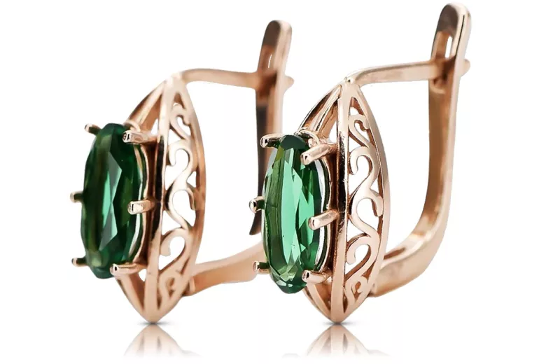 14K 585 Rose Gold Emerald Studs - Vintage Inspired Original Design vec141