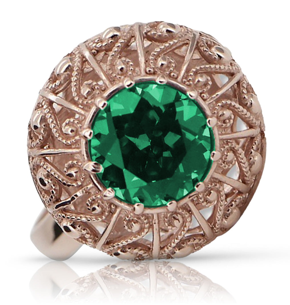 Vintage 14k Rose Gold Emerald Ring, 7.5mm Round - Women's