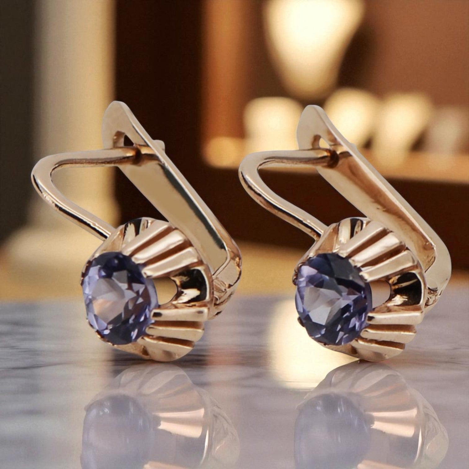 Rose pink 14k 585 gold alexandrite earrings vec027 Vintage Russian Soviet style vec027r-ax