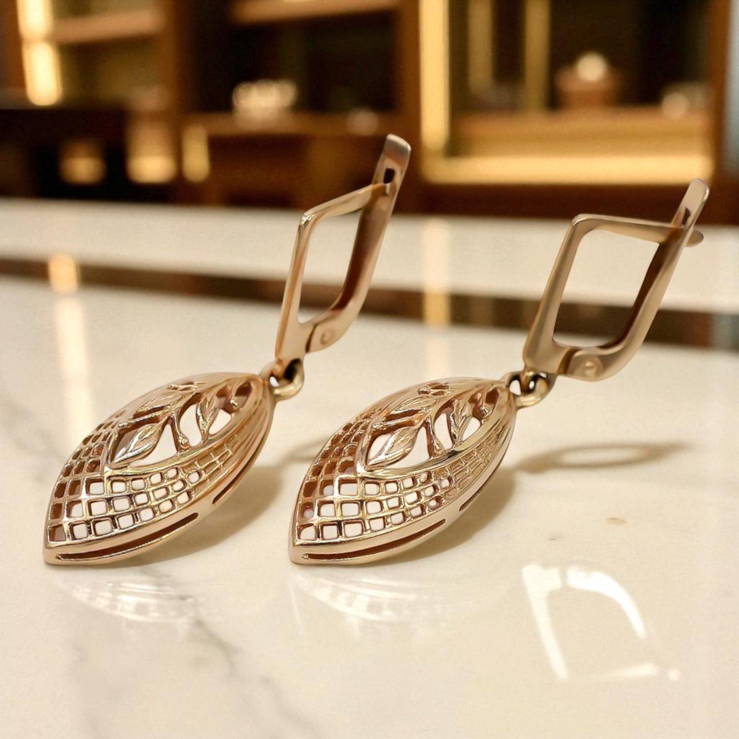 Vintage rose pink 14k 585 gold  Vintage leaf earrings ven247