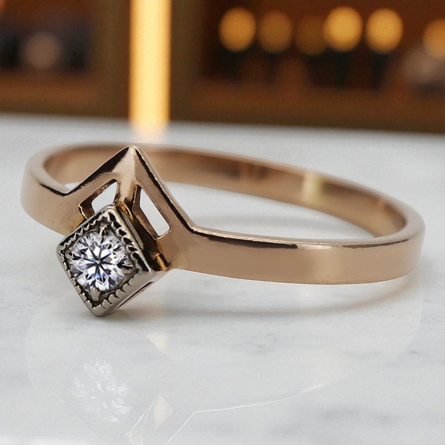 Rose pink 14k gold 585 Zircon ring vrc313r Russian Soviet Vintage style vrc313r-zi