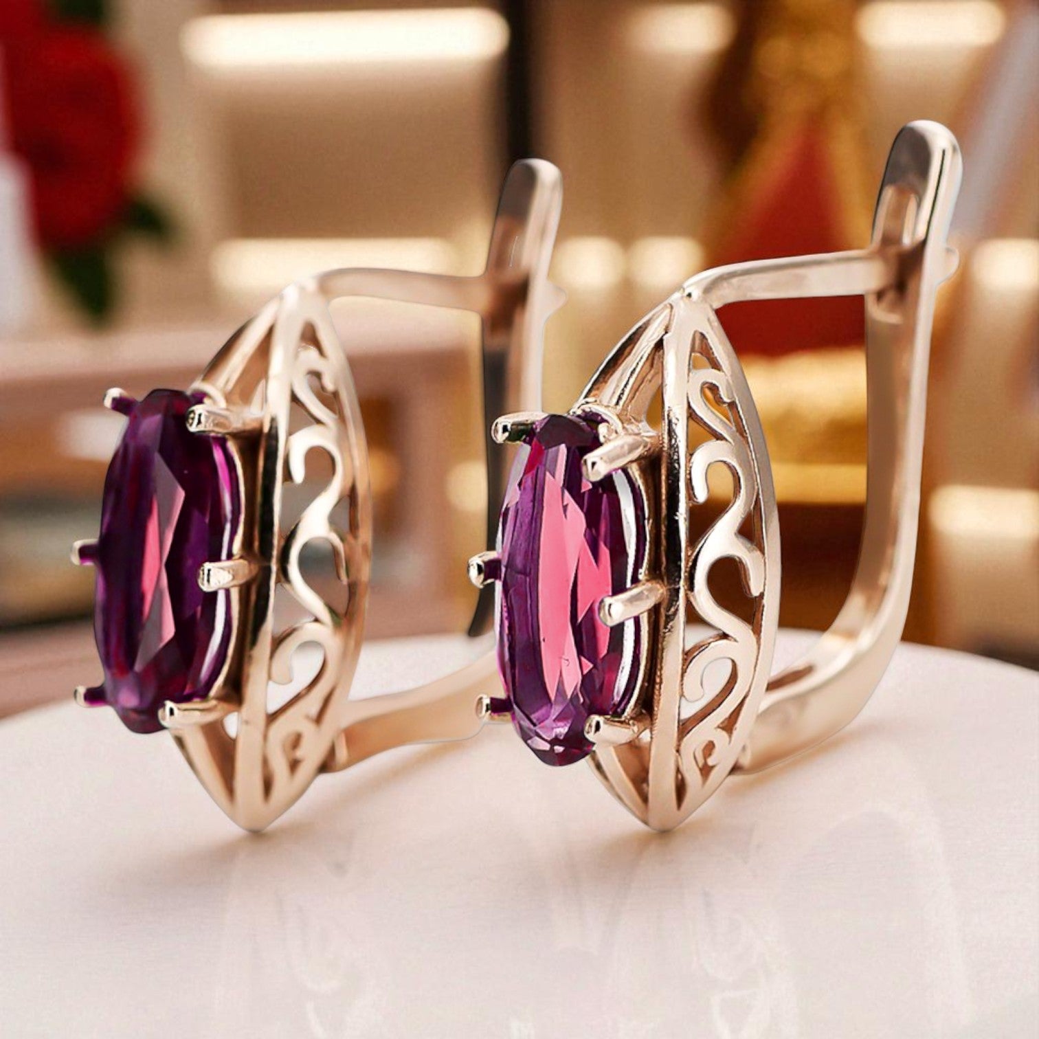 Rose pink 14k 585 gold ruby earrings vec141 Vintage vec141r-rb