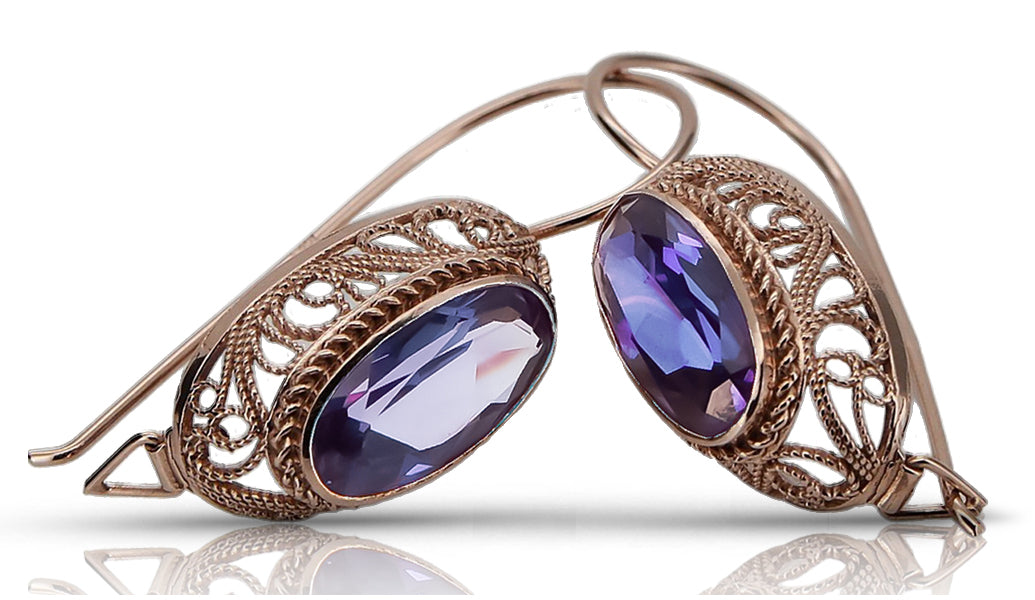 Rose pink 14k 585 gold alexandrite earrings vec023 Vintage Russian Soviet style vec023r-ax
