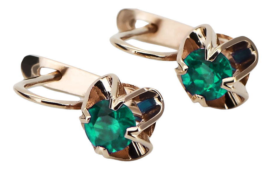 Vintage rose pink 14k 585 gold Emerald earrings vec018 Russian Soviet style vec018r-em