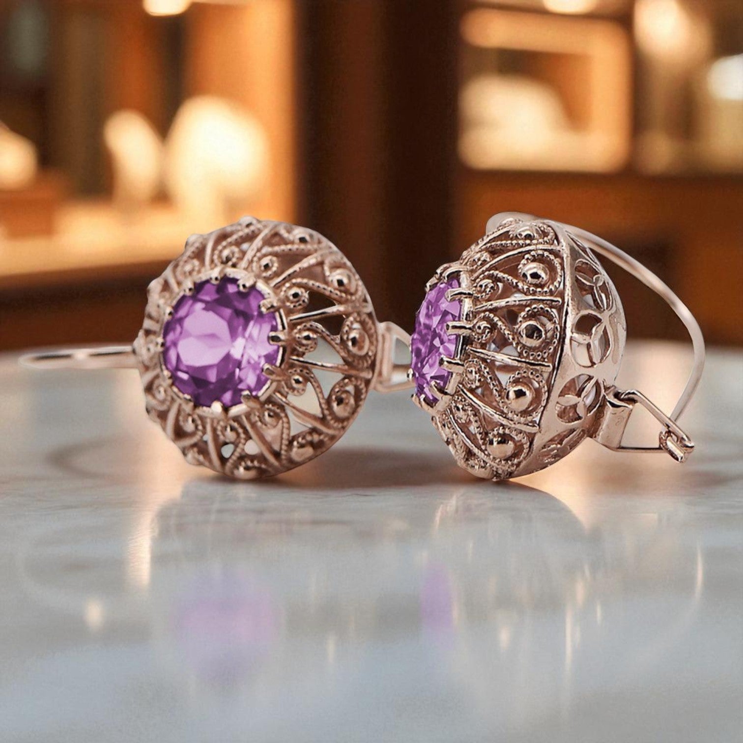 Vintage rose pink 14k 585 gold amethyst earrings vec002 Russian Soviet style vec002r-am