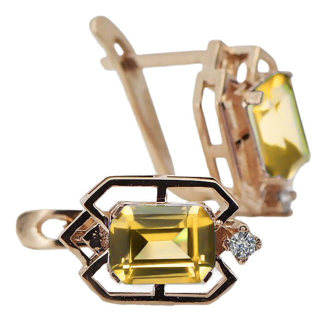 Yellow peridot diamonds Vintage Earrings craft Original 14K Rose Gold vec020r