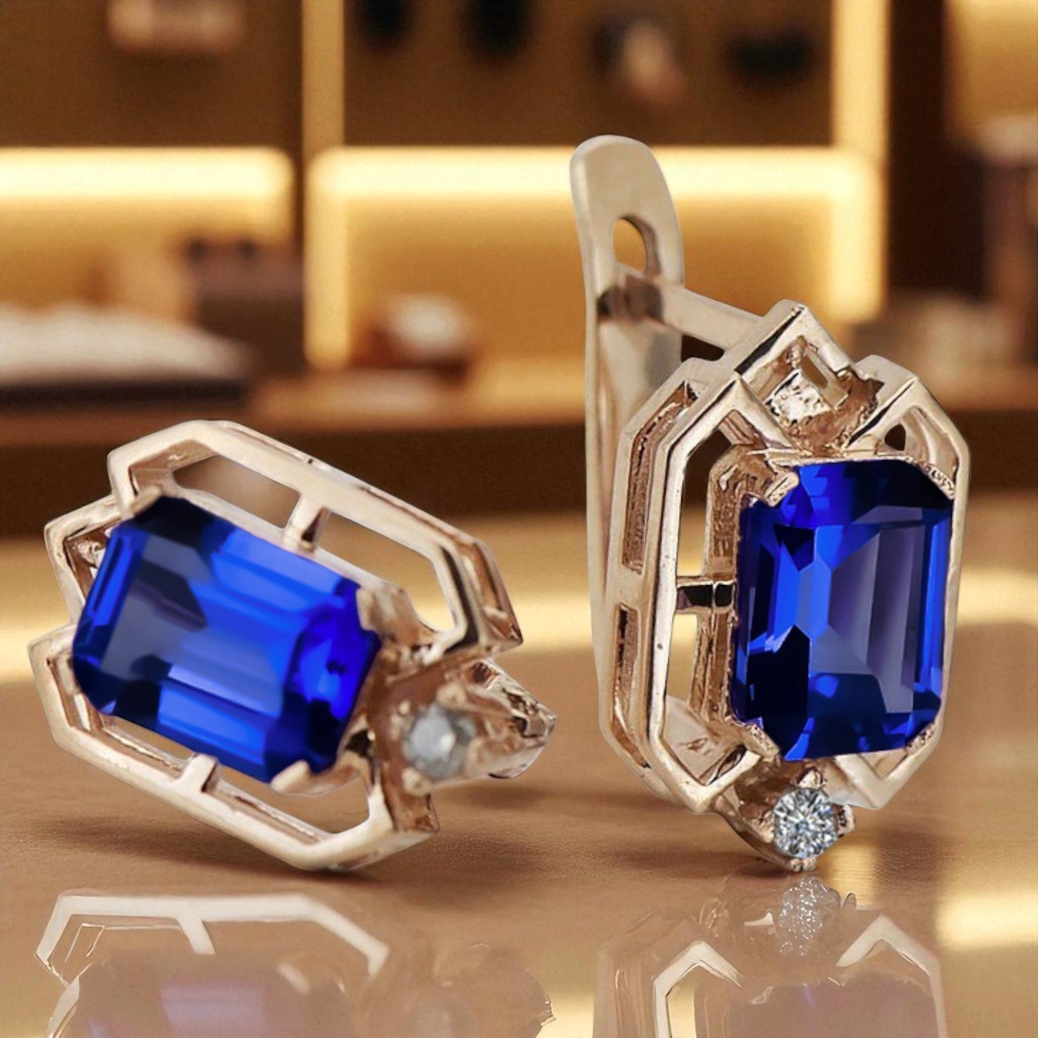 Sapphire diamonds Vintage Earrings craft Original 14K Rose Gold vec020r